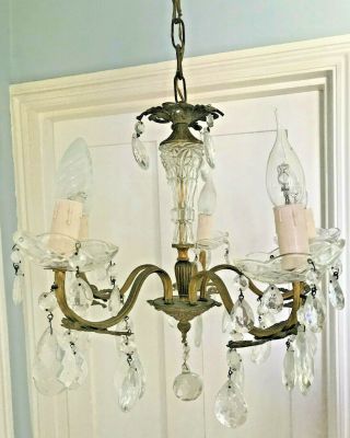 Stunning Antique French Large Heavy Brass & Crystal glass 5 Light Chandelier 5