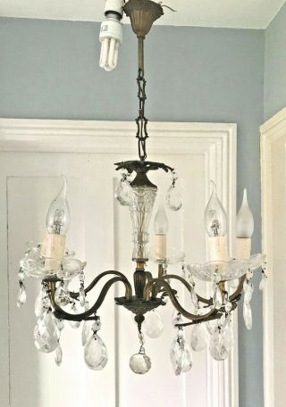 Stunning Antique French Large Heavy Brass & Crystal glass 5 Light Chandelier 6