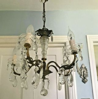 Stunning Antique French Large Heavy Brass & Crystal glass 5 Light Chandelier 7