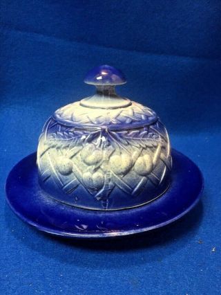 Ironstone Flow Blue Salt Glaze Pottery Cherries Lattice Round Dome Butter Dish