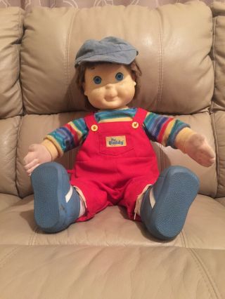 Vintage My Buddy Doll Hat Shoes Brown Hair Blue Eyes 1985 Red Overalls