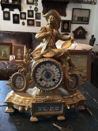 Antique P.  H.  Mourey French Gilt Bronze Porcelain Clock Cherubs Artist Figure