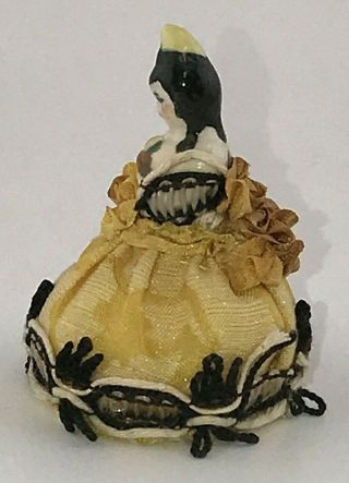 Antique Miniature Tiny German Porcelain Pincushion Half Doll in Yellow Hat Dress 2