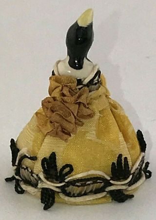 Antique Miniature Tiny German Porcelain Pincushion Half Doll in Yellow Hat Dress 3