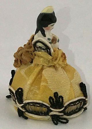 Antique Miniature Tiny German Porcelain Pincushion Half Doll in Yellow Hat Dress 4