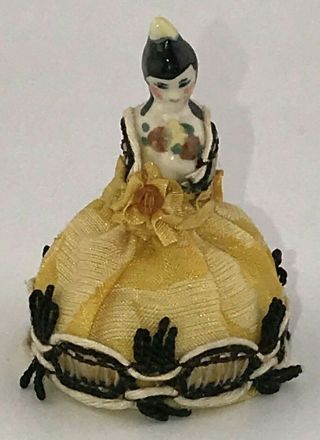 Antique Miniature Tiny German Porcelain Pincushion Half Doll in Yellow Hat Dress 5