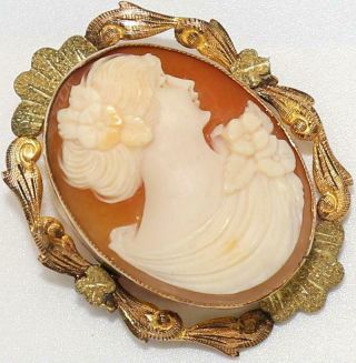 Large Antique Victorian Rose Yellow Gf Carved Shell Cameo Brooch An68