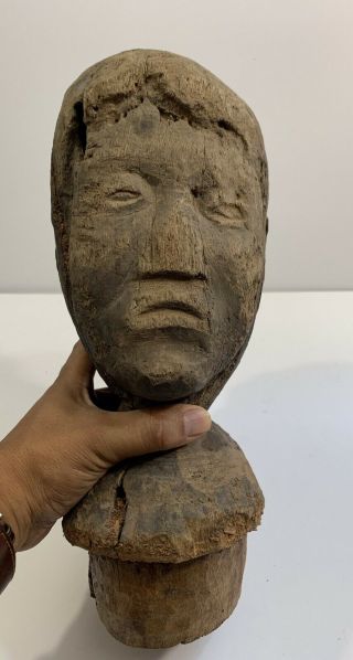 19th Century American Primitive Folk Art Life Size Bust Head Carving Of A Woman