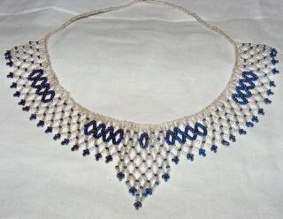 Vintage Antique Clear & Blue Glass Seed Bead Necklace / Collar Lovely