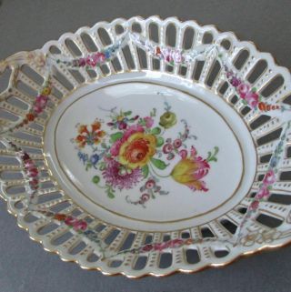 Antique Dresden Hp Reticulated Porcelain Basket Flowers Swags W Gilt Trim Lamm