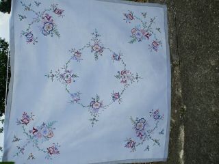 Vintage Hand Embroidered Irish Linen Tablecloth 41 " X 42.  "