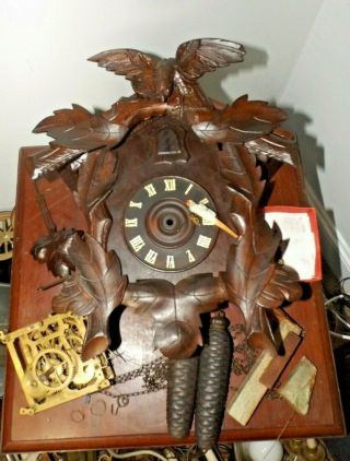 Antique American Cuckoo Clock Co German Harp Carved Black Forest Coo Coo