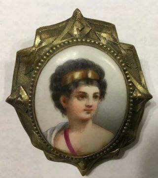 Antique Victorian Portrait Painting On Porcelain Brooch In Brass Frame.