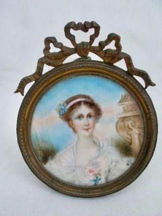 Antique French Late 19th Century Portrait Miniature Painting Of A Lady.