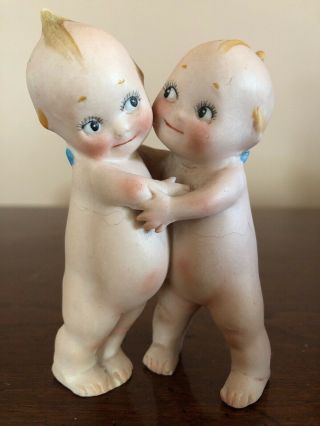 Antique Rose O’neill Bisque 3 3/4” Hugger Kewpies With Blue Wings Marked Feet