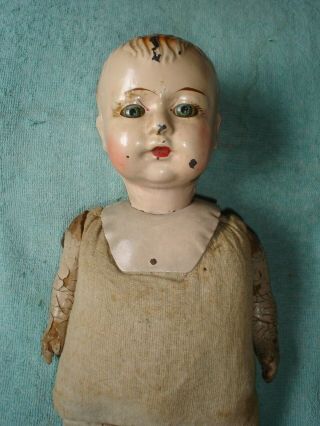 Charming Antique Metal Head Doll With Glass Eyes & Cloth Body