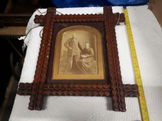 Tramp Art Picture Of A Man & Woman With A Pitch Pine Back