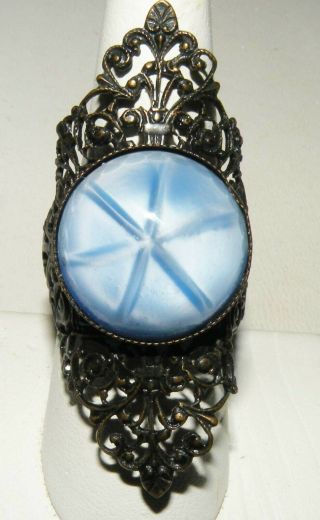 Gothic Medieval Victorian Style Antiqued Filigree Ring Faux Star Sapphire Stone