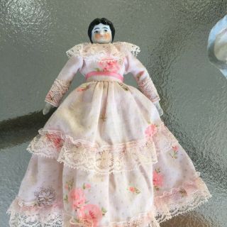 Antique German China Head Doll Black Hair Small 6.  5 " Marked Germany