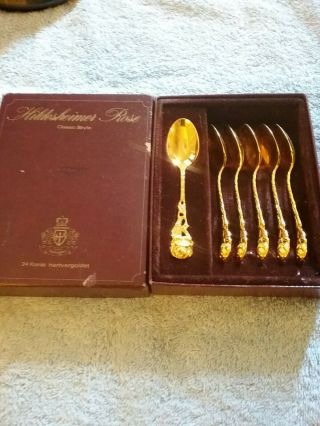 Solingen Hildesheimer Rose 24k Gold Plated Set Of 6 Dessert Spoons Vintage 5 In.