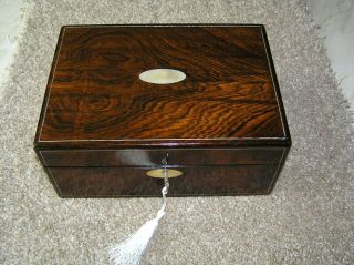 Antique Victorian Rosewood Jewellery/trinket Box,  Mop,  Pewter Inlay,  Lock & Key.