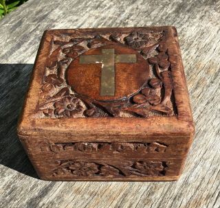 Old Vintage Carved Wooden Box With Brass Inlay Cross Crucifix Keepsake Box