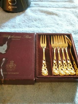 Solingen Hildesheimer Rose 24k Gold Plated Dessert Forks Vintage 5 Inches