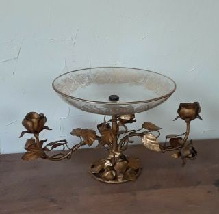 Vintage Italian Tole Epergne Roses Candle Holder Gold Tone Metal