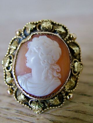 Unusual Antique Shell Hand Carved Cameo Godess 9ct Gold Mount Ring Uk M Usa 6.  5