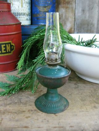 Small Antique Tin Bedside Oil Lamp Green Paint