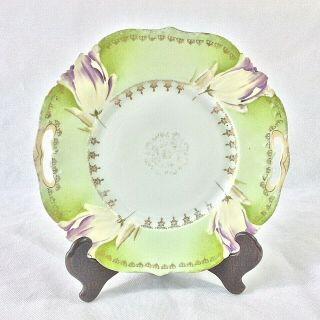 Antique Porcelain 2 Handled Cake Serving Plate Platter Lavender Tulips In Relief