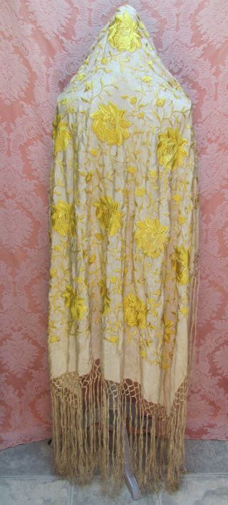 VTG Antique 1920s PIANO FLAPPER SILK SHAWL Embroidered YELLOW FLWRS Long FRINGE 2