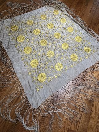 VTG Antique 1920s PIANO FLAPPER SILK SHAWL Embroidered YELLOW FLWRS Long FRINGE 3