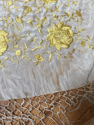VTG Antique 1920s PIANO FLAPPER SILK SHAWL Embroidered YELLOW FLWRS Long FRINGE 8
