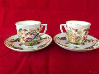 Good Antique Capodimonte Porcelain Cups And Saucers.