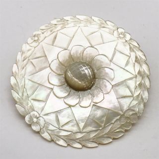 Antique Carved Chinese Mother Of Pearl Flower Ladies Buckle Brooch