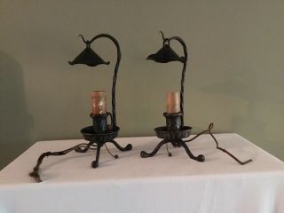 Set (2) Antique Hammered Copper Night Stand Lamps W/hanging Shades,  Unique