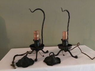 Set (2) Antique Hammered Copper Night Stand Lamps w/Hanging Shades,  UNIQUE 5
