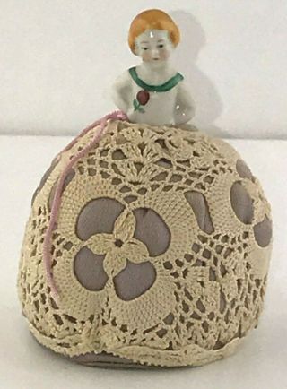 Antique Miniature Hp Porcelain Half Doll Pin Cushion Blonde Girl Made In Germany