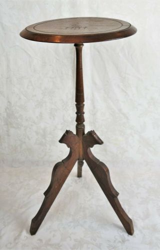Antique 19th C Oak Arts Crafts Victorian Eastlake Plate Stand Crane Etched Top