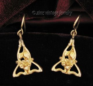 Antique Victorian Art Nouveau Gold Plated Floral Repousse Wire Dangle Earrings