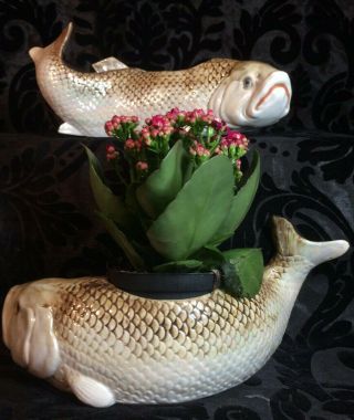 Large Antique Porcelain Fish Cachepots Vases Decoration 12 " Lustreware