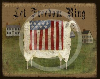 Primitive Sheep American Flag Americana Salt Box House Distressed Print 8x10