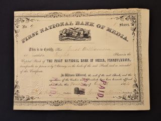 1864 Antique First National Bank Of Media Pa Stock Share Certificate Williamson