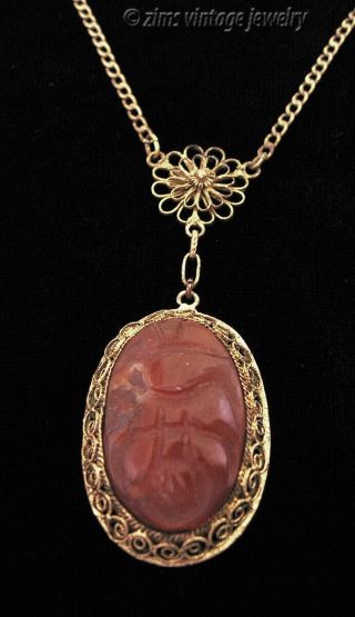 Art Deco Antique Chinese Carved Carnelian Scarab Gold Filigree Pendant Necklace