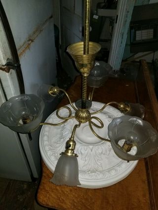 VICTORIAN BRASS 6 ARM ELECTRIC CHANDELIER CEILING LIGHT INVERTED 2