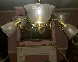 VICTORIAN BRASS 6 ARM ELECTRIC CHANDELIER CEILING LIGHT INVERTED 3