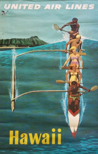 Stan Galli Outrigger Canoe Vintage Travel United Airlines Hawaii Poster 25 X 40