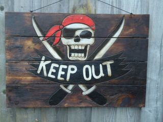 60 Cm Pirates Keep Out Wooden Sign / The Caribbean Sea / Nautical Ship Of Skull