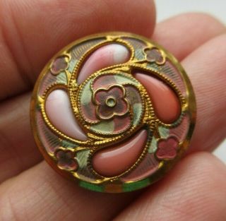 Lovely Antique Vtg Enameled Metal Button W/ Inset Pink Glass Stones 7/8 " (k)